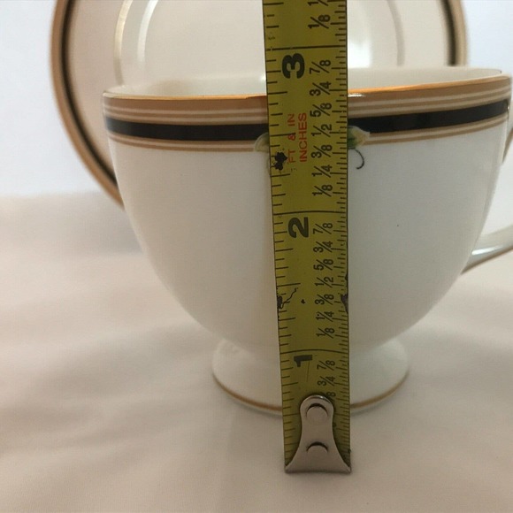 WEDGWOOD "Clio" Leigh Shape Footed Tea Cup-Bone w/Black + Gold Bands ,Floral Rim - Picture 5 of 8